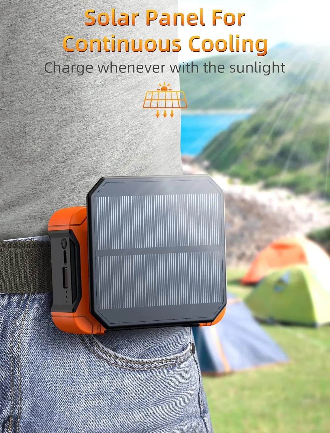 10000mAh Waist Clip Fan with Solar Panel, 30H Working Time, Personal LED Light, Battery Powered Belt Fan, Strong Airflow, 3 Speeds, Body for Outdoor, Working, Camping, Hiking