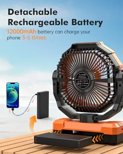 12000mAh Camping Fan - 9-Inch Detachable Rechargeable Battery Operated Fan with Light & Hook for Tent, Outdoor - USB Table Fan with 4 Speeds for Picnic, BBQ, Fishing, Travel, Hurricane