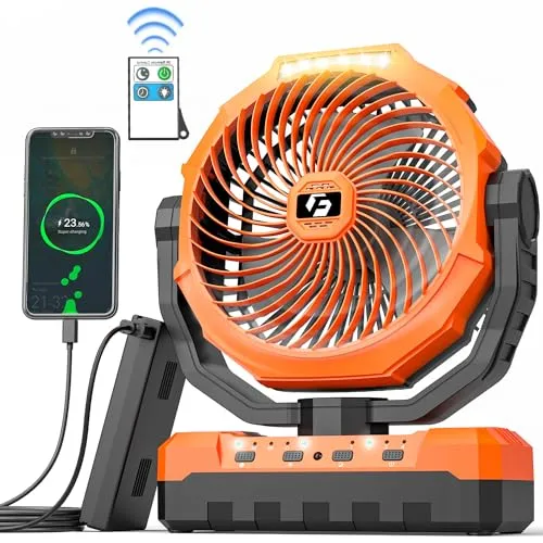 12000mAh Camping Fan - 9-Inch Detachable Rechargeable Battery Operated Fan with Light & Hook for Tent, Outdoor - USB Table Fan with 4 Speeds for Picnic, BBQ, Fishing, Travel, Hurricane