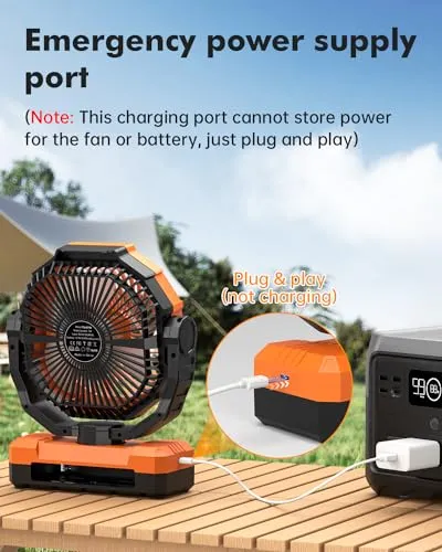 12000mAh Camping Fan - 9-Inch Detachable Rechargeable Battery Operated Fan with Light & Hook for Tent, Outdoor - USB Table Fan with 4 Speeds for Picnic, BBQ, Fishing, Travel, Hurricane