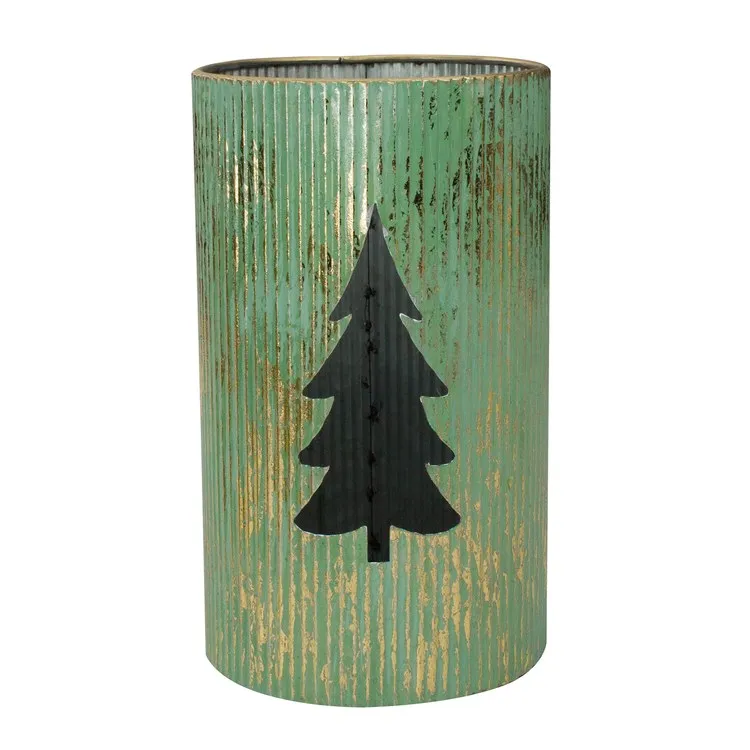 12" Rustic Green and Gold Christmas Tree Tabletop Lanterns Set of 2