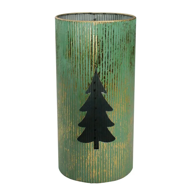 12" Rustic Green and Gold Christmas Tree Tabletop Lanterns Set of 2