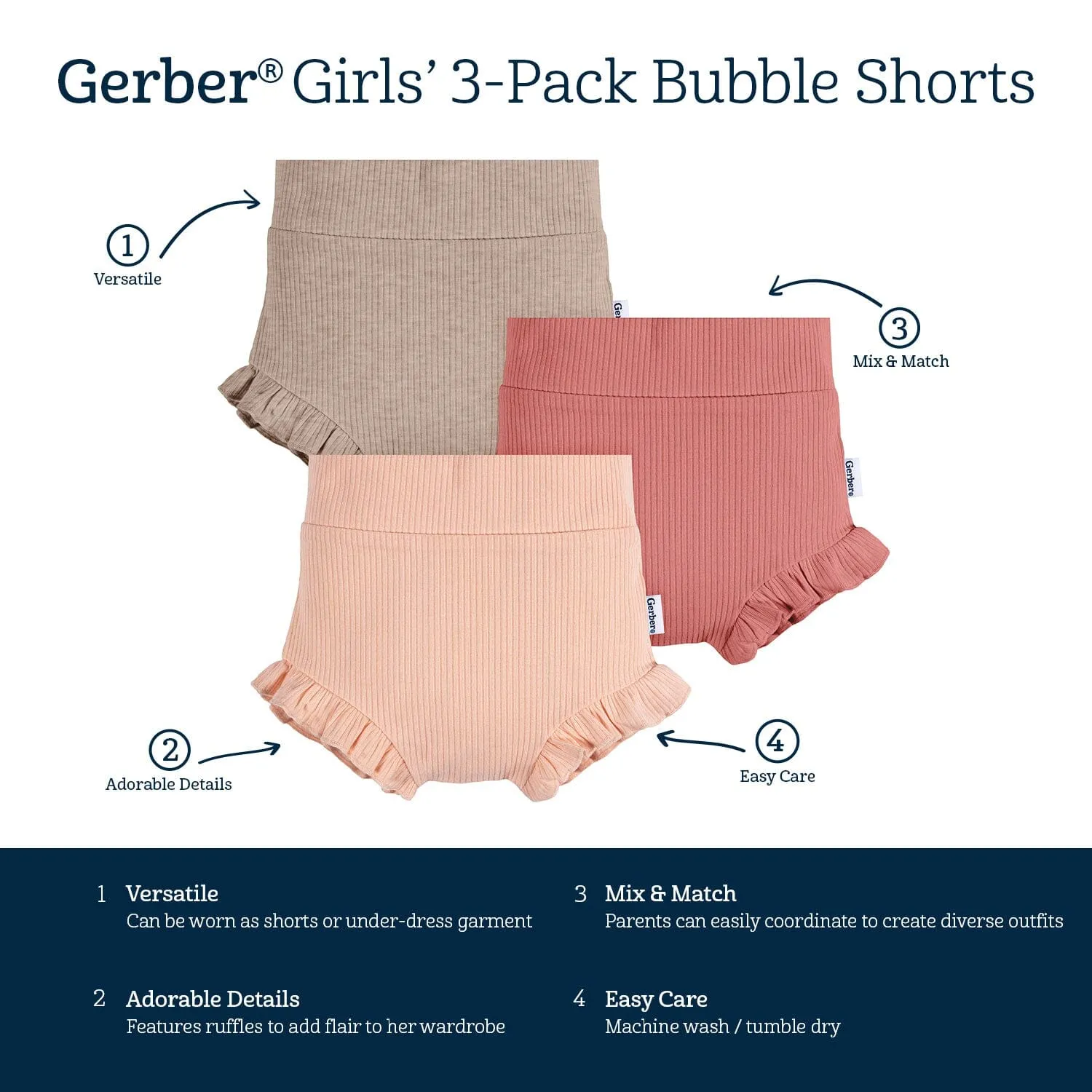 3-Pack Baby Girls Pinks & Oatmeal Bloomer Shorts