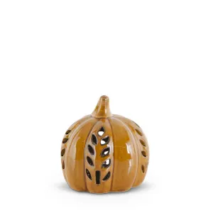 3.25 INCH BROWN CERAMIC LED CUTOUT MINI PUMPKIN W/TIMER