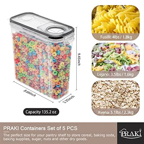 5PCS Cereal Containers Storage Set, PRAKI BPA Free Airtight Food Storage Container Set with Lids, Kitchen Pantry Organization and Storage for Sugar, Baking Supplies with 20 Labels & Mark(4L Black)