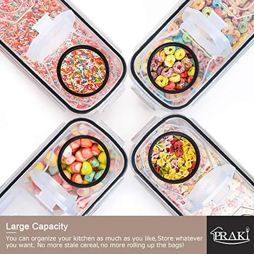 5PCS Cereal Containers Storage Set, PRAKI BPA Free Airtight Food Storage Container Set with Lids, Kitchen Pantry Organization and Storage for Sugar, Baking Supplies with 20 Labels & Mark(4L Black)