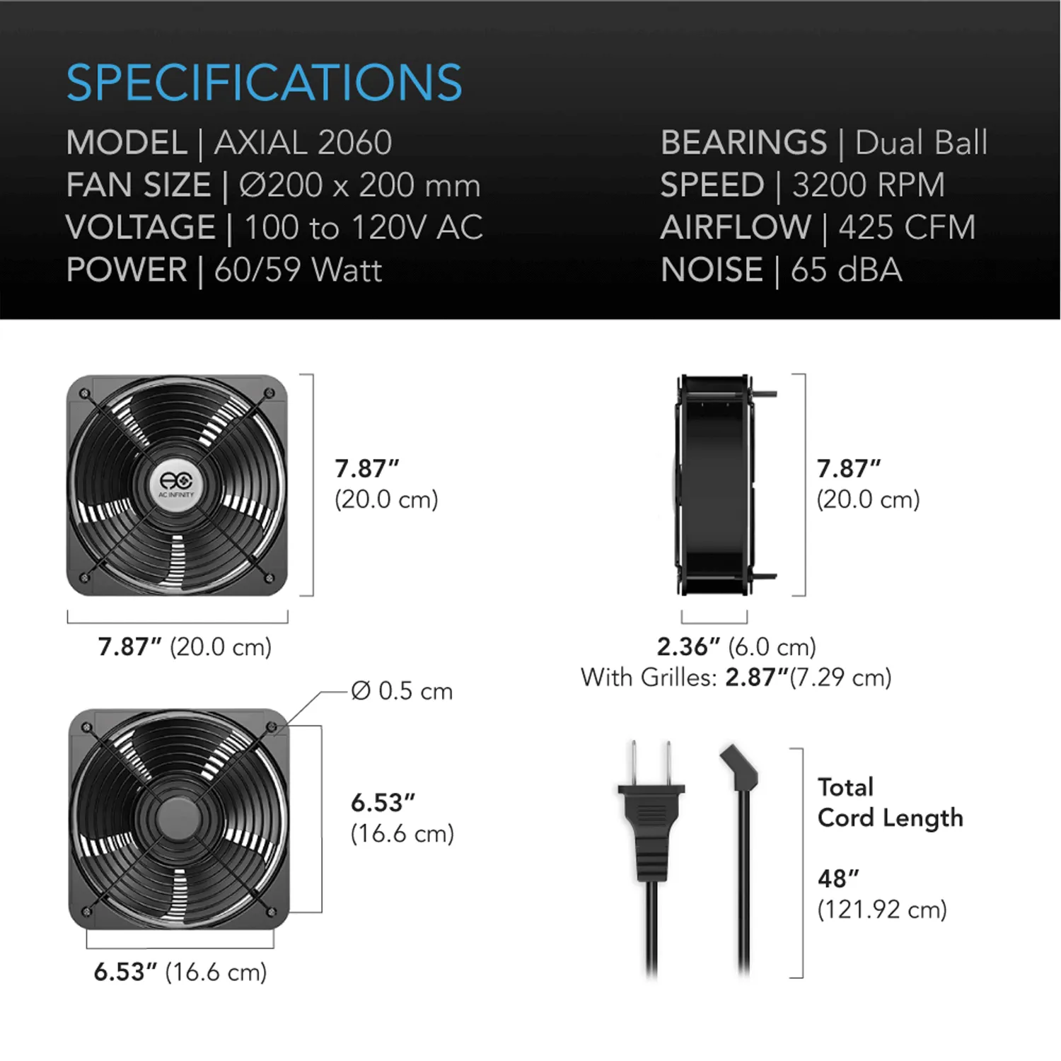 AC Infinity AXIAL 2060, Muffin 120V AC Cooling Fan, 200mm x 200mm x 60mm