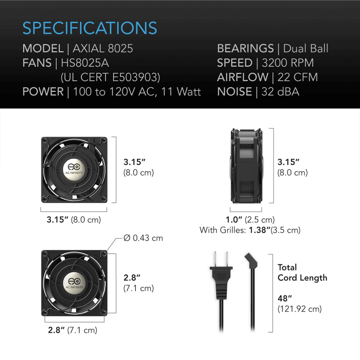 AC Infinity AXIAL 8025, Muffin 120V AC Cooling Fan, 80mm x 80mm x 25mm