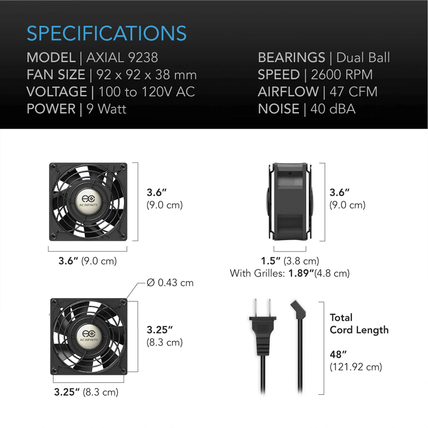 AC Infinity AXIAL 9238, Muffin 120V AC Cooling Fan, 92mm x 92mm x 38mm