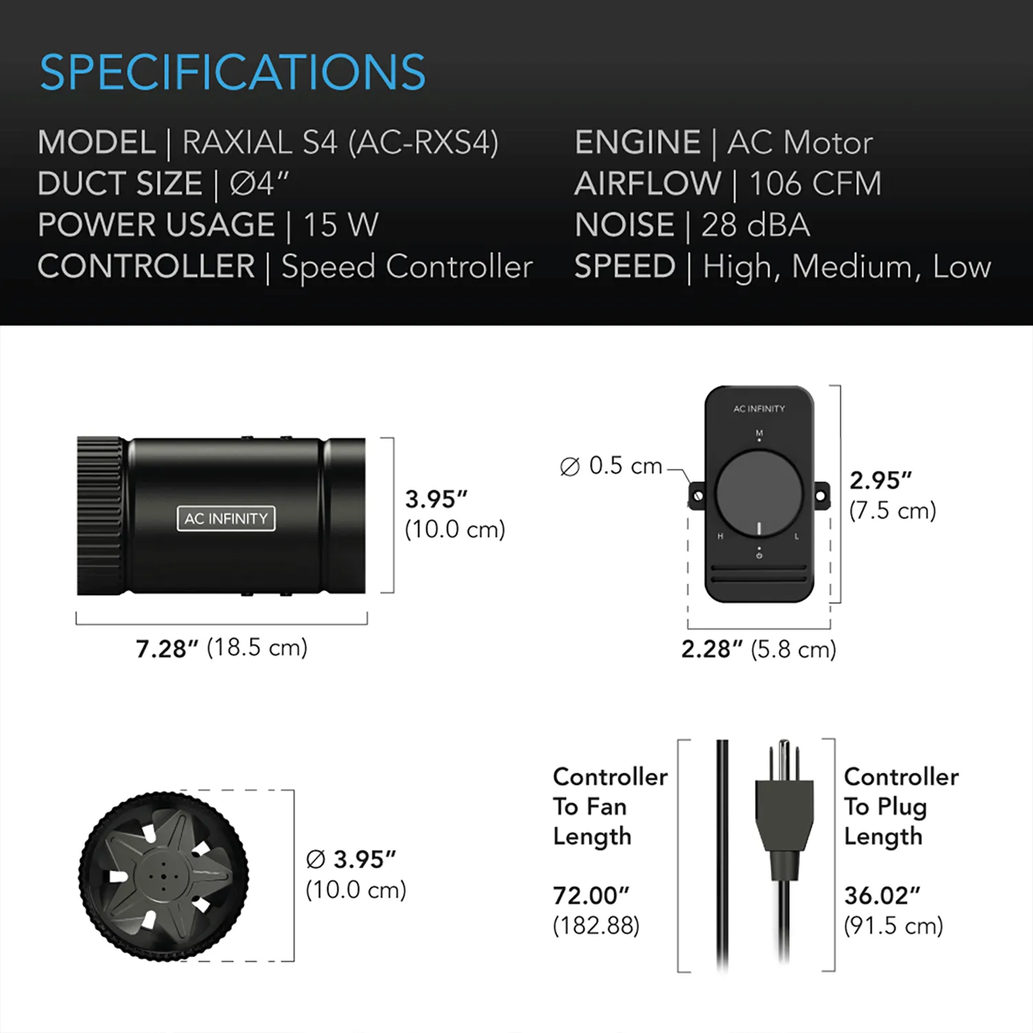 AC Infinity RAXIAL S4, Inline Booster Duct Fan with Speed Controller, 4-Inch