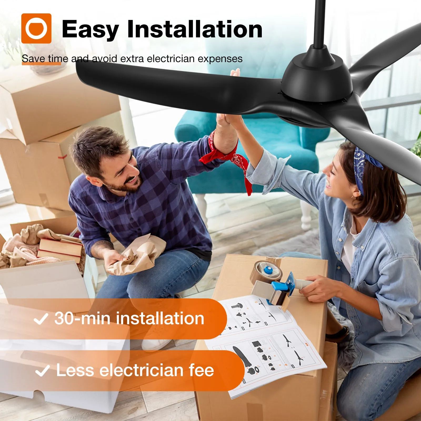 Addlon Ceiling Fans with Lights, 52 Inch Smart Ceiling Fan with Remote/APP/Alexa Control, Reversible DC Motor, 6 Speeds, 3CCT Dimmable, Noiseless, White/Black Wifi Ceiling Fan for Bedroom, Farmhouse