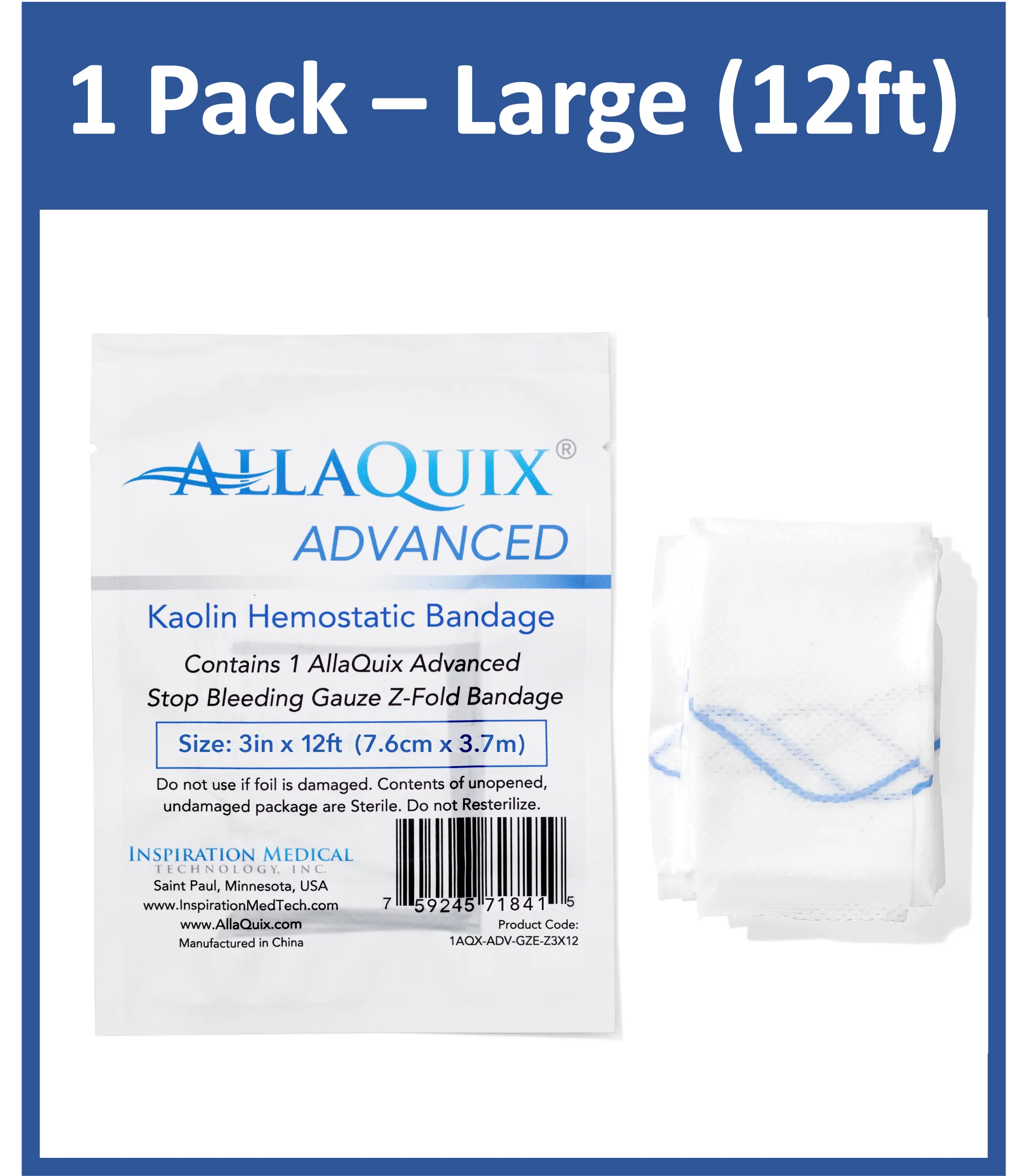 AllaQuix Advanced: Kaolin Hemostatic Bandage - Sterile Z-Fold Clotting Gauze