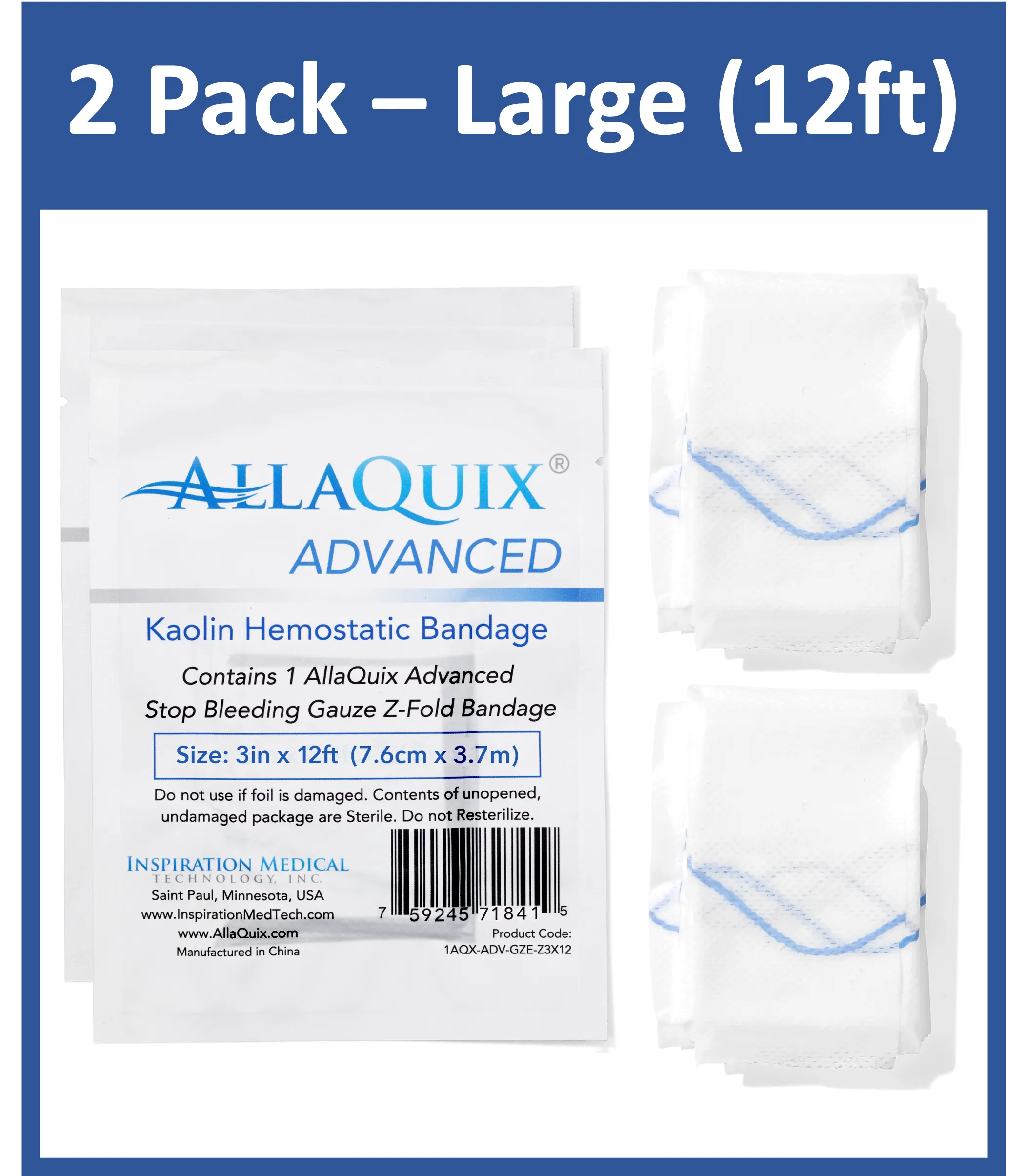 AllaQuix Advanced: Kaolin Hemostatic Bandage - Sterile Z-Fold Clotting Gauze