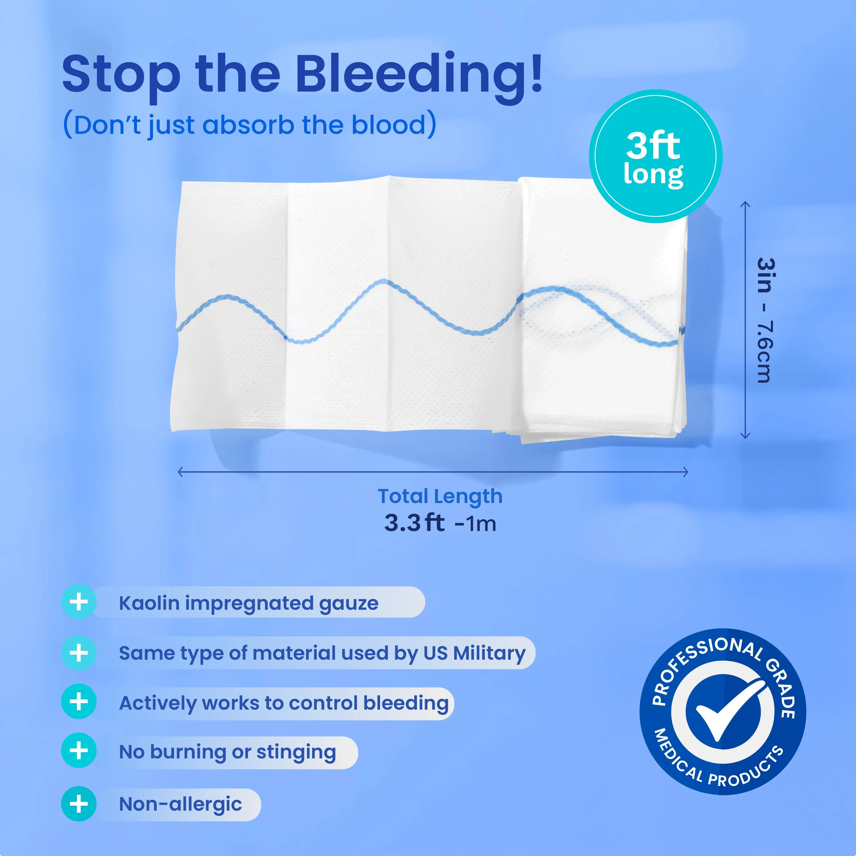 AllaQuix Advanced: Kaolin Hemostatic Bandage - Sterile Z-Fold Clotting Gauze