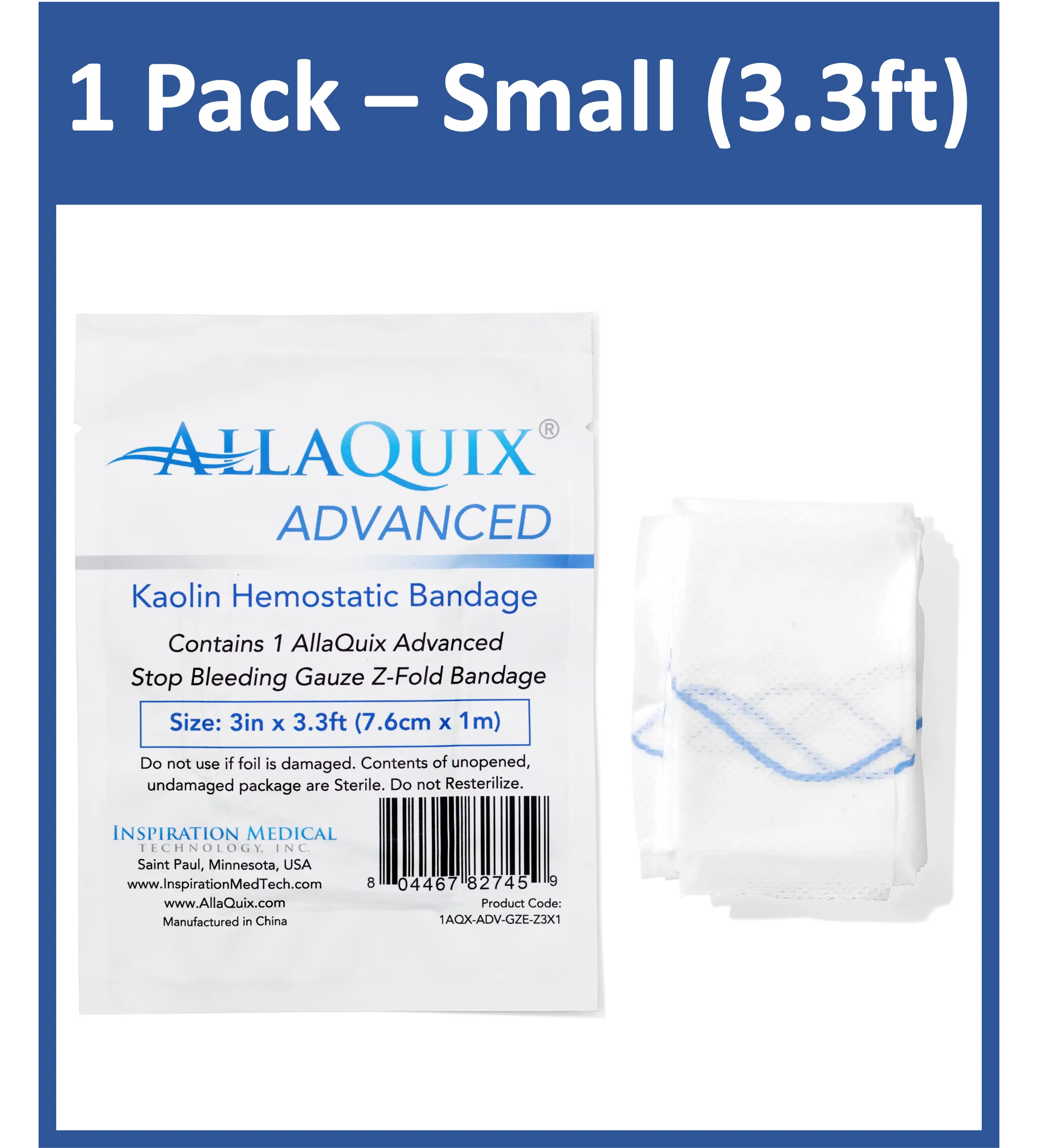 AllaQuix Advanced: Kaolin Hemostatic Bandage - Sterile Z-Fold Clotting Gauze