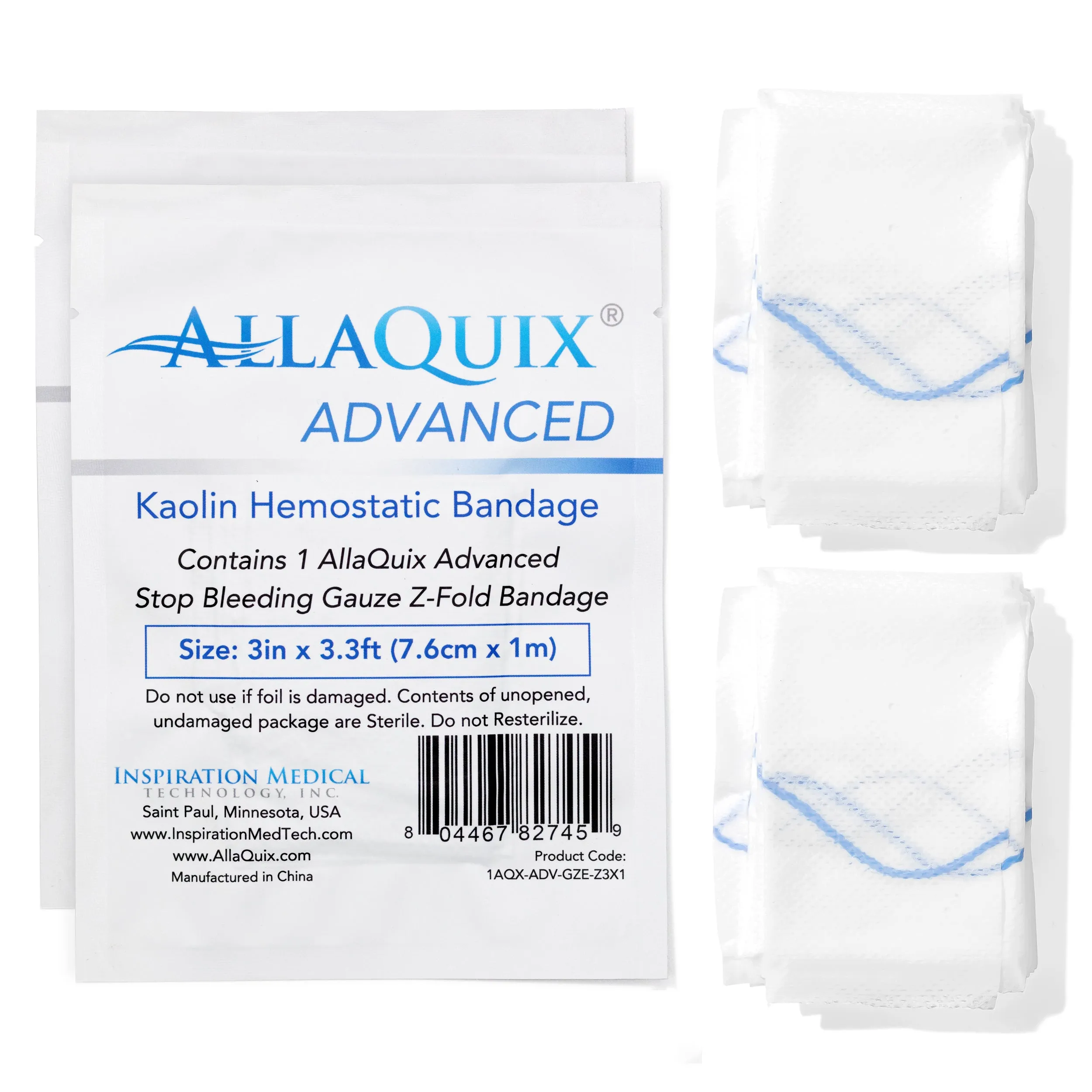 AllaQuix Advanced: Kaolin Hemostatic Bandage - Sterile Z-Fold Clotting Gauze