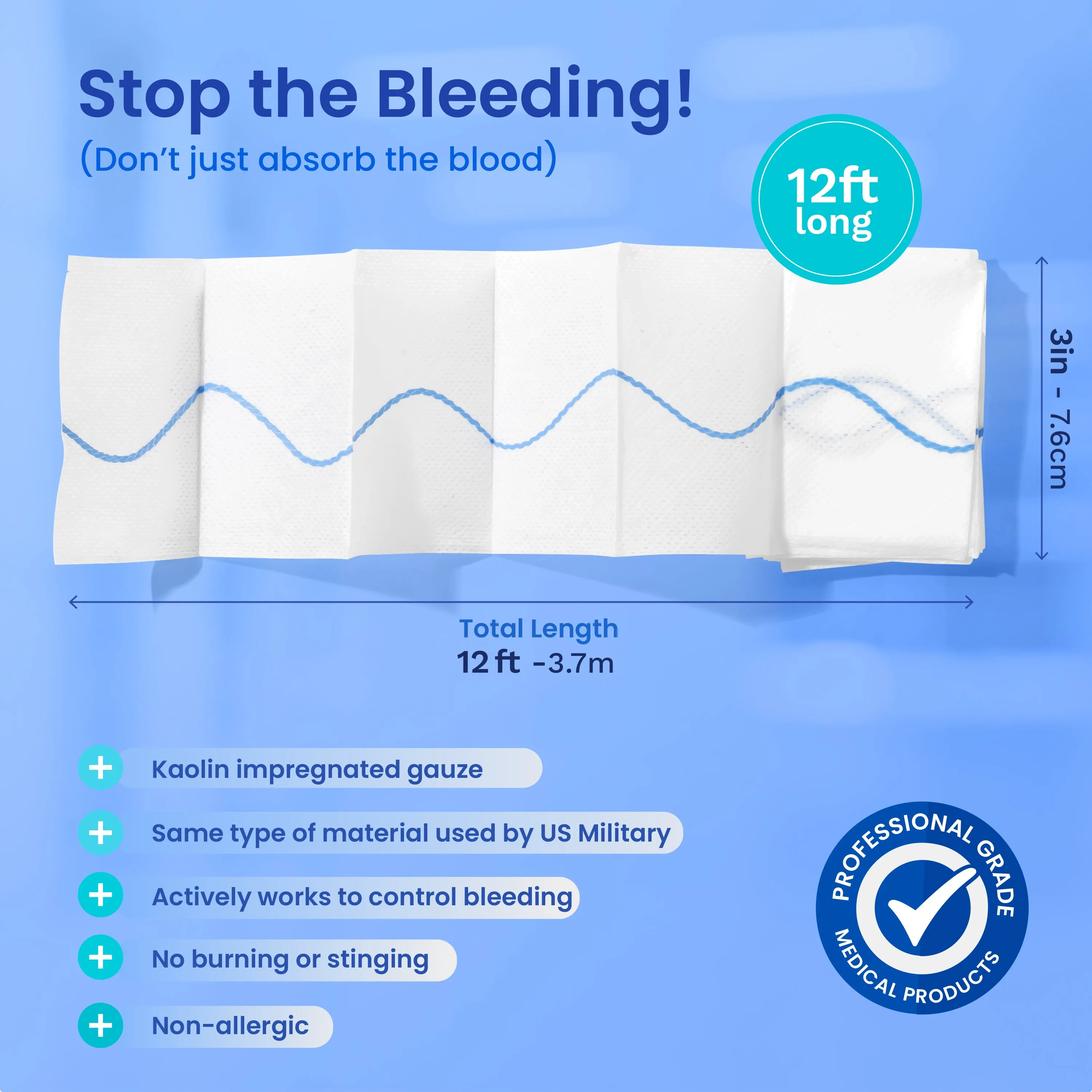 AllaQuix Advanced: Kaolin Hemostatic Bandage - Sterile Z-Fold Clotting Gauze