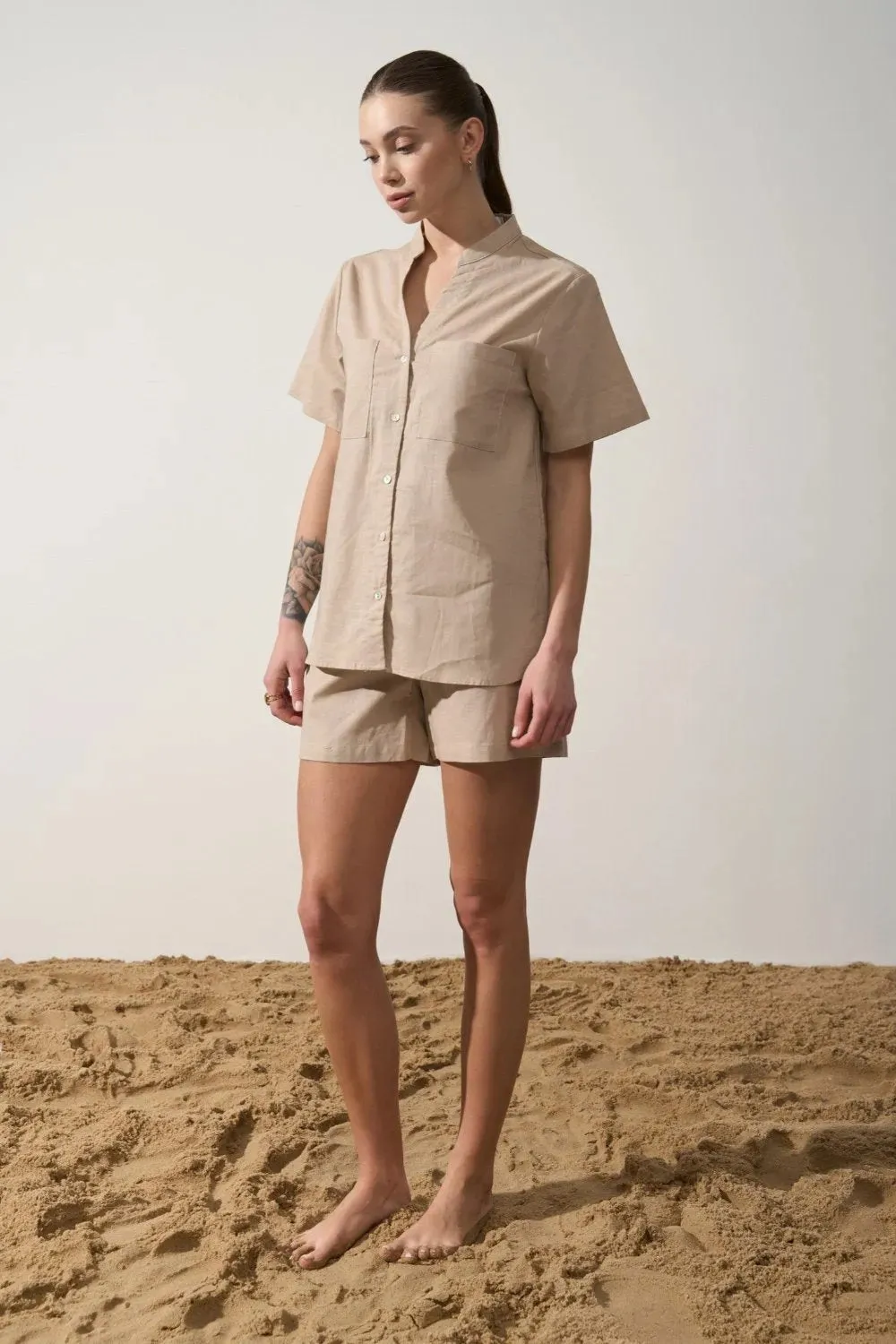 Beige Linen Blend Shorts