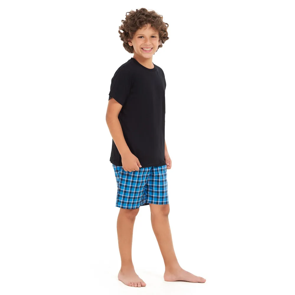 Boys summer pajama set Black t-shirt  Squared Blue shorts