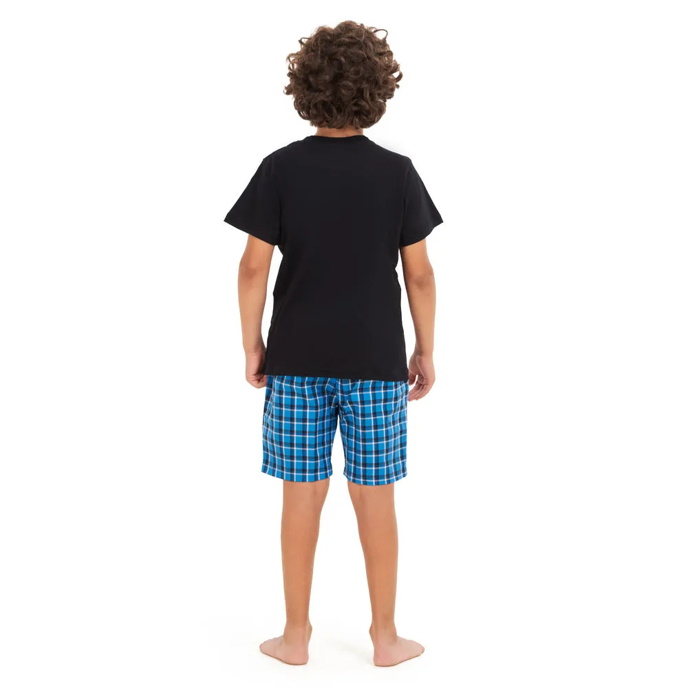 Boys summer pajama set Black t-shirt  Squared Blue shorts