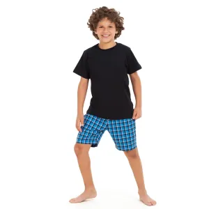 Boys summer pajama set Black t-shirt  Squared Blue shorts