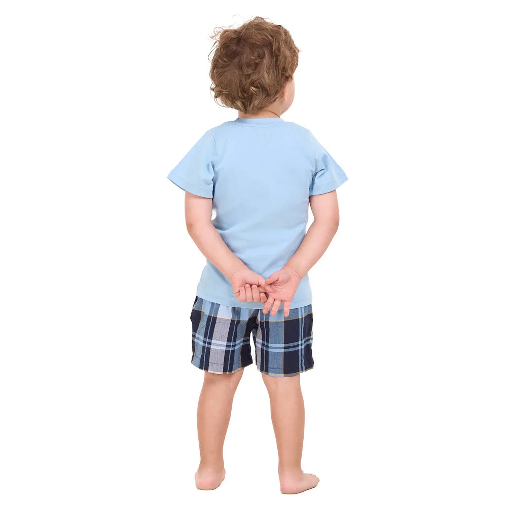 Boys summer pajama set Light Blue t-shirt  Light Blue x Dark Blue Checkered shorts