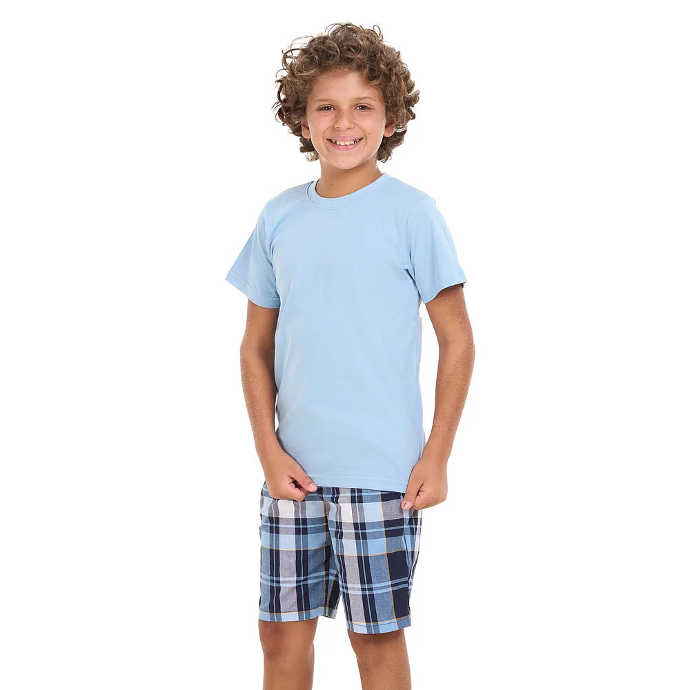 Boys summer pajama set Light Blue t-shirt  Light Blue x Dark Blue Checkered shorts