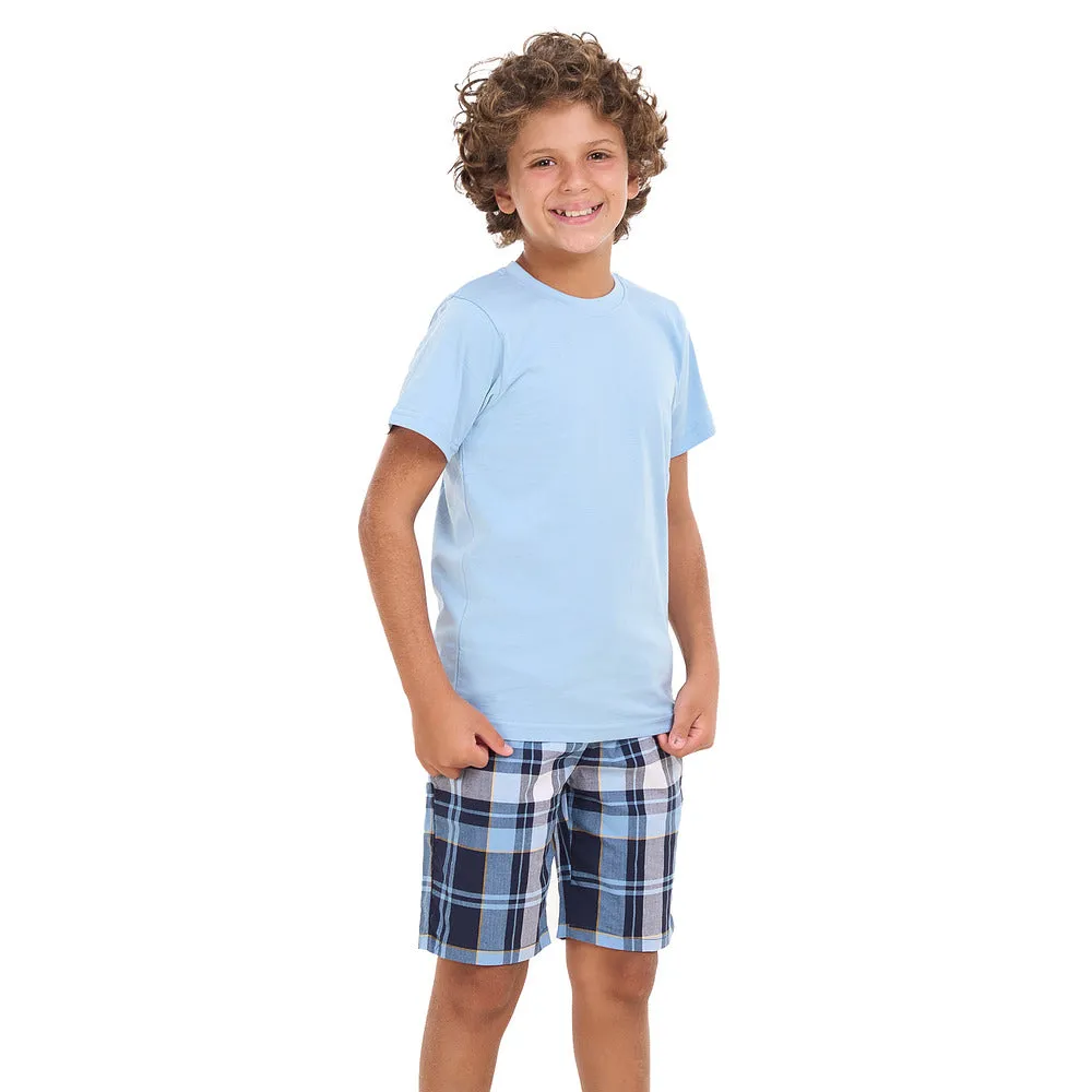 Boys summer pajama set Light Blue t-shirt  Light Blue x Dark Blue Checkered shorts