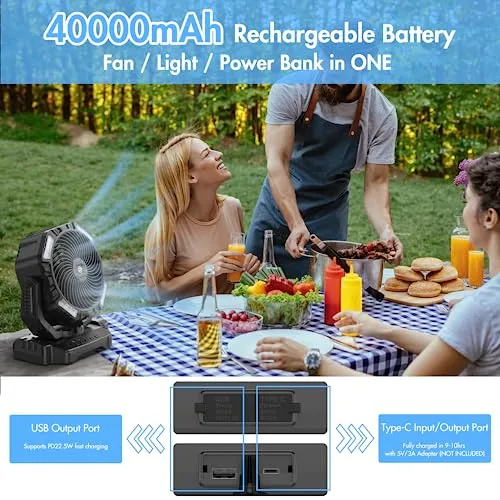 Camping Fan, 40000mAh Oscillating Rechargeable Battery Operated Fan, Portable Battery Powered Outdoor Tent Fan with Remote Light Hook for Camping Accessories Camper Patio Garage Jobsite Power Outrages