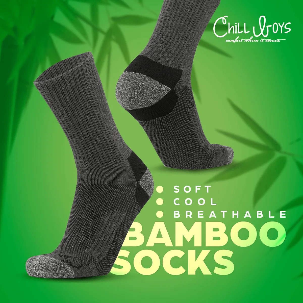 Chill Boys Bamboo Crew Socks - Moisture Wicking Bamboo Socks - 2 Pairs