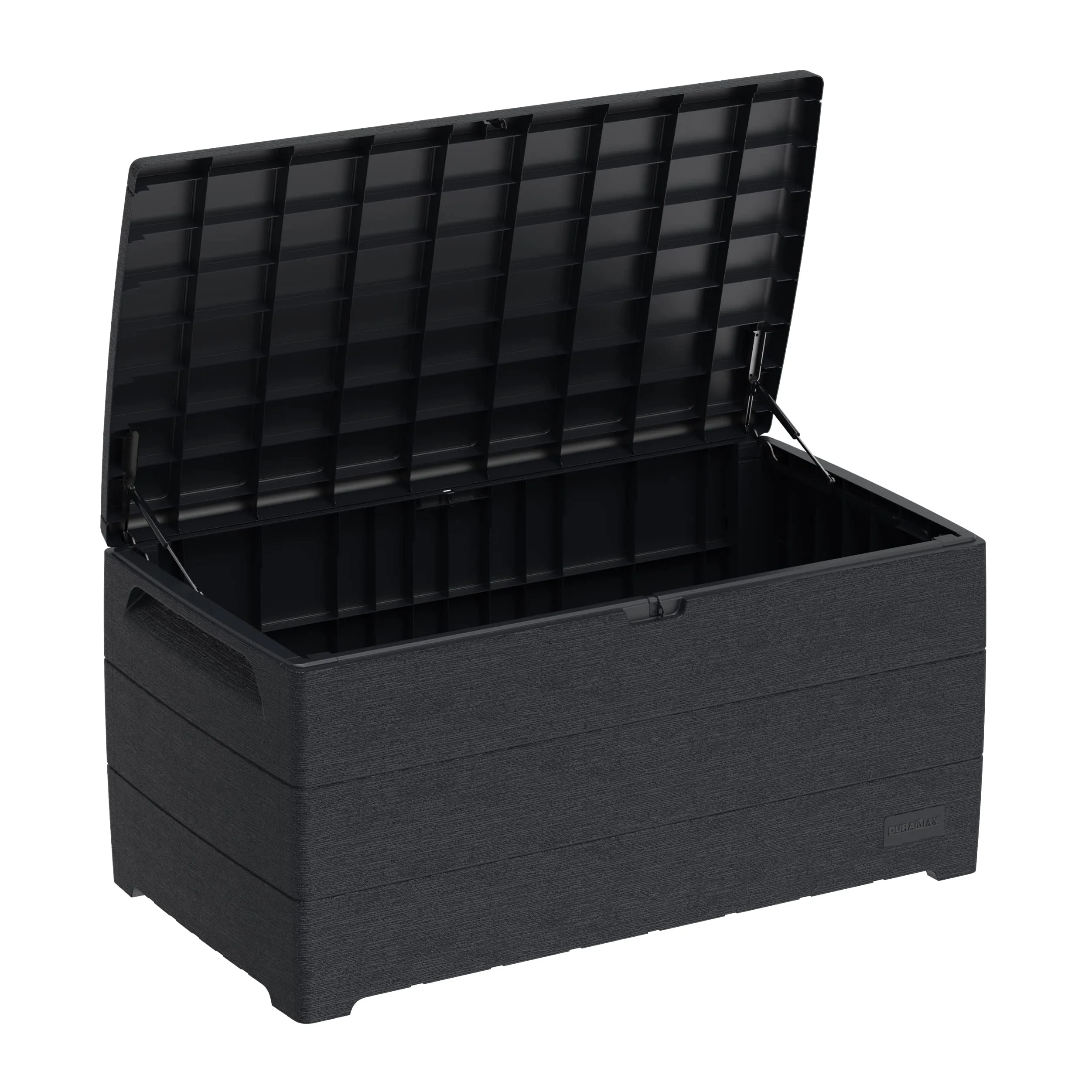 Duramax Cedargrain Durabox 416 Litre/ 110 Gallons, Outdoor Plastic Deck Box and Garden Furniture Organizer, Woodgrain Texture, Lockable Plastic Cushion Box with gas cylinder, Dark Grey