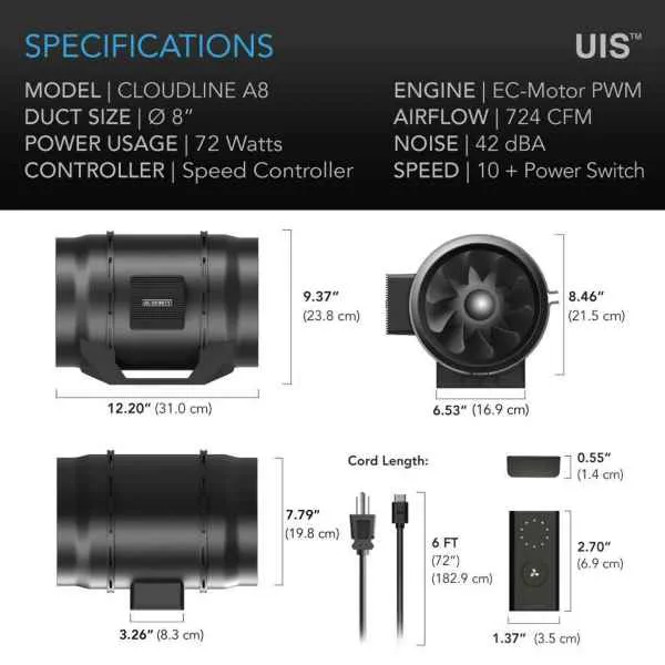 Electrical 200mm Cloudline Lite A8, Quiet Inline Fan With Speed Controller