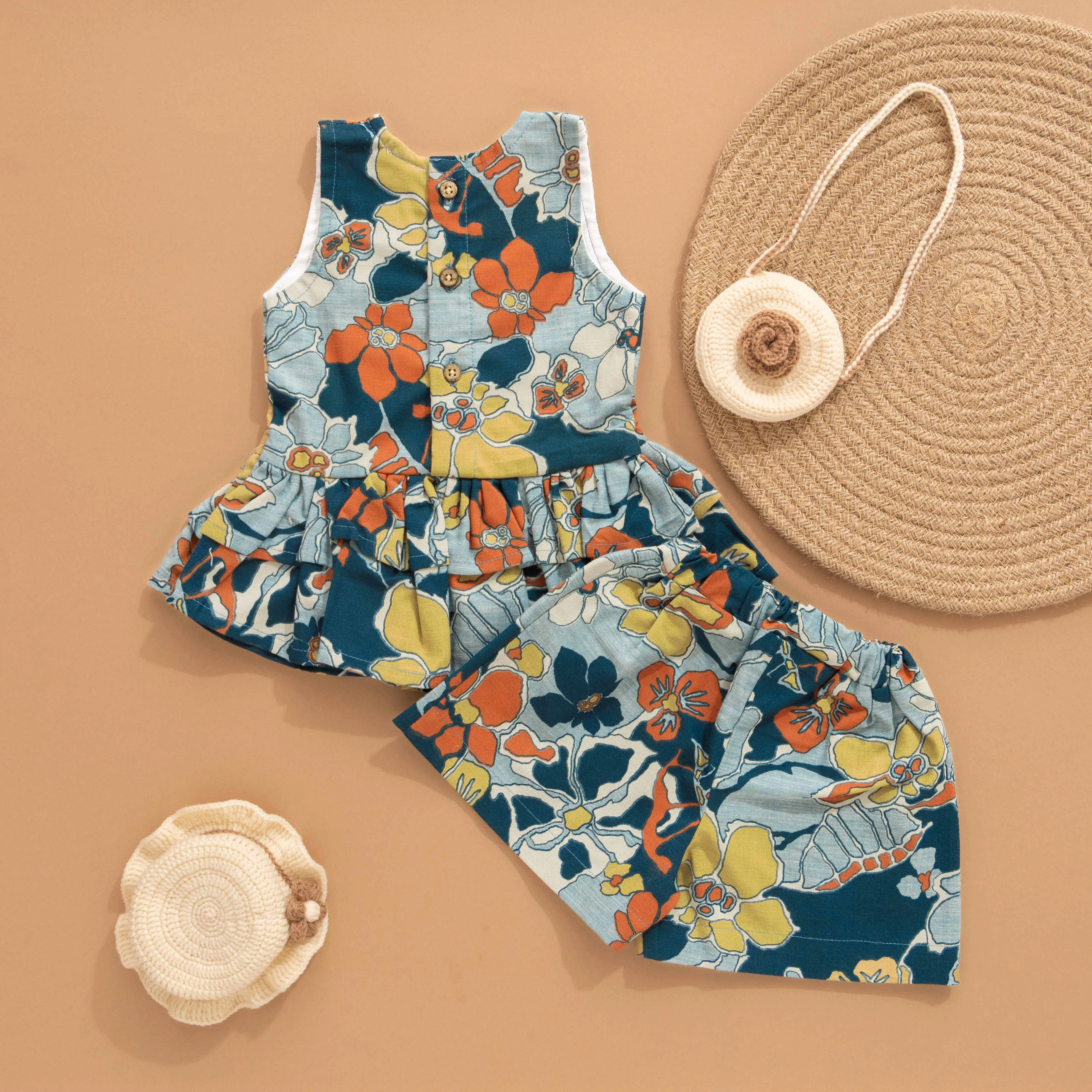 Floral Fusion: Navy Blue Top with Matching Shorts