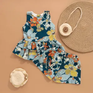 Floral Fusion: Navy Blue Top with Matching Shorts