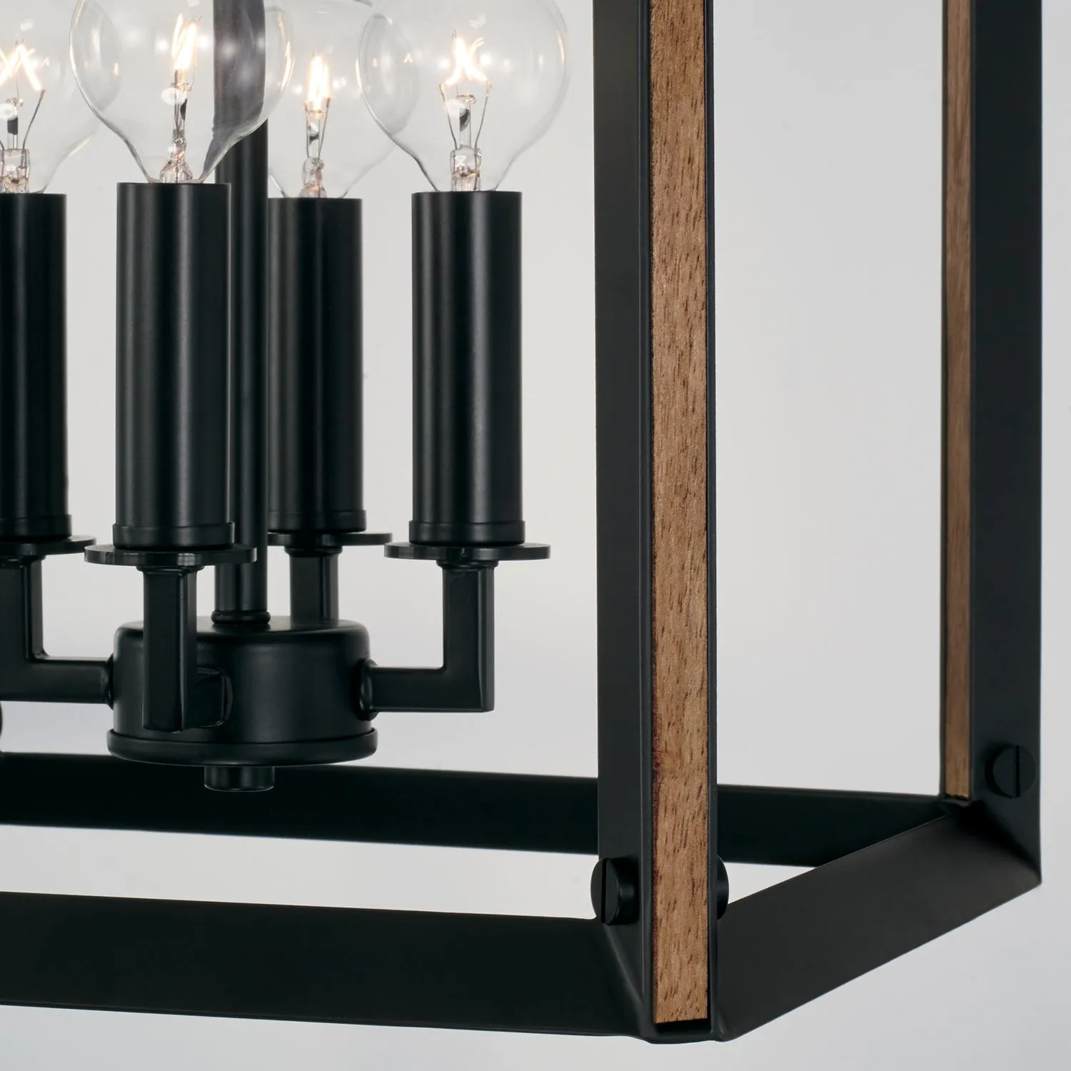 Four Light Foyer Pendant from the Rowe Collection in Matte Black and Brown Wood Finish by Capital Lighting