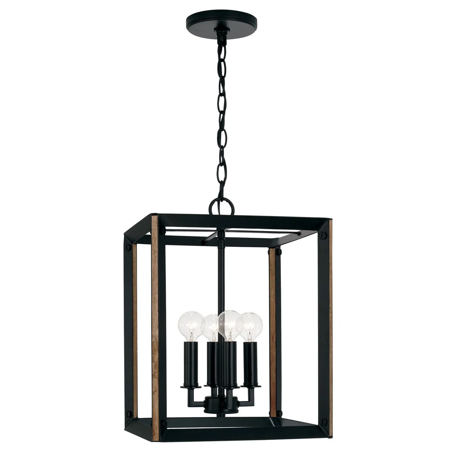 Four Light Foyer Pendant from the Rowe Collection in Matte Black and Brown Wood Finish by Capital Lighting