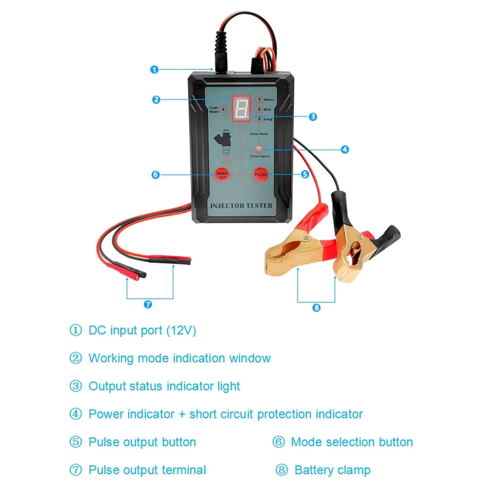 Fuel Injector Tester and Adapter for Diagnosis Cleaning of Injectors DIY Tool Kits 12V/5V Switchable Short-circuit Protection