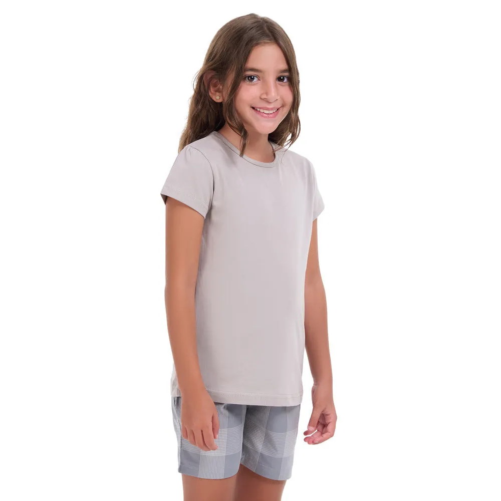 Girls summer pajama set Grey t-shirt   Grey Checkered shorts