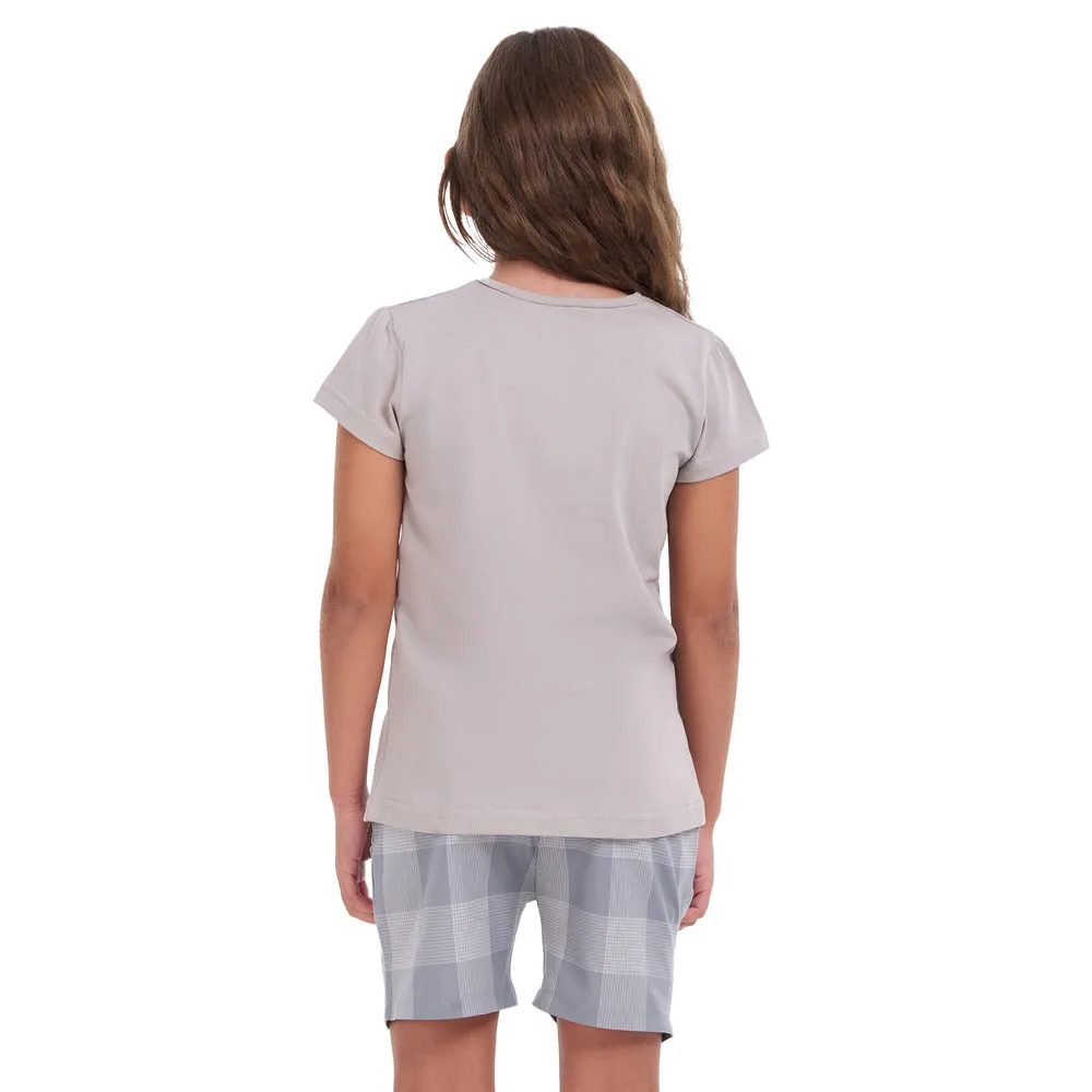 Girls summer pajama set Grey t-shirt   Grey Checkered shorts