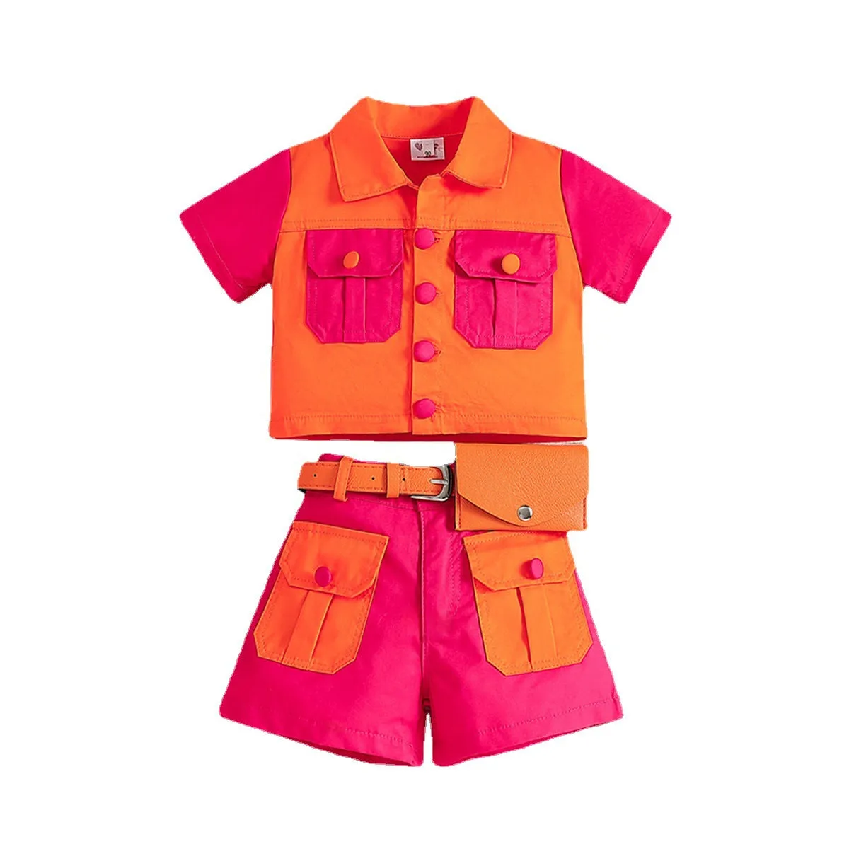 Girls' Western Style Summer Cardigan & Shorts Set With Waist Bag