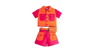 Girls' Western Style Summer Cardigan & Shorts Set With Waist Bag