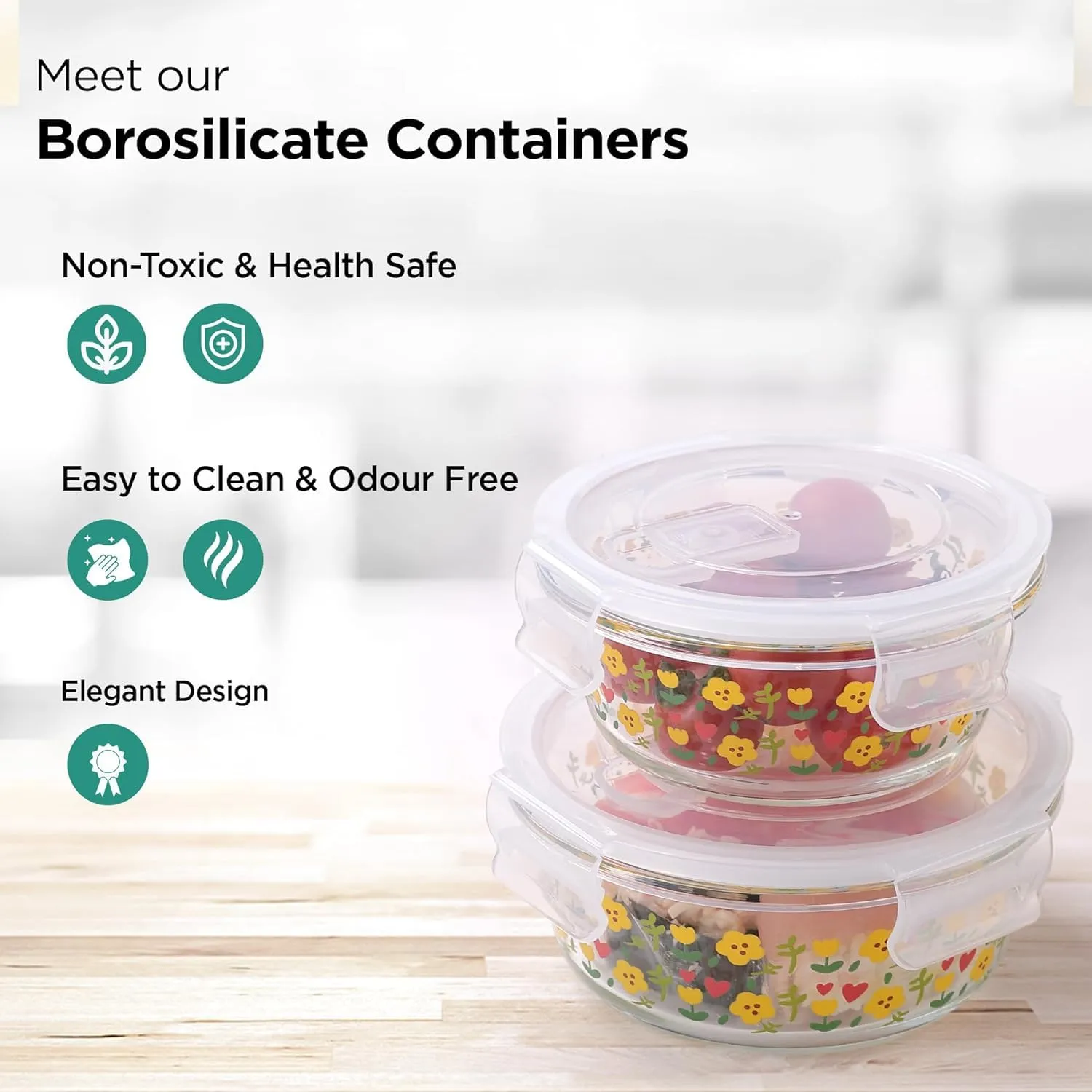 Heart Home Pack of 2 Borosilicate Kitchen Containers set with Lid | Fridge Storage | Glass Containers with Lid | Microwave Safe | Leakproof | Airtight | Multipurpose | 370ml & 635ml |Transparent