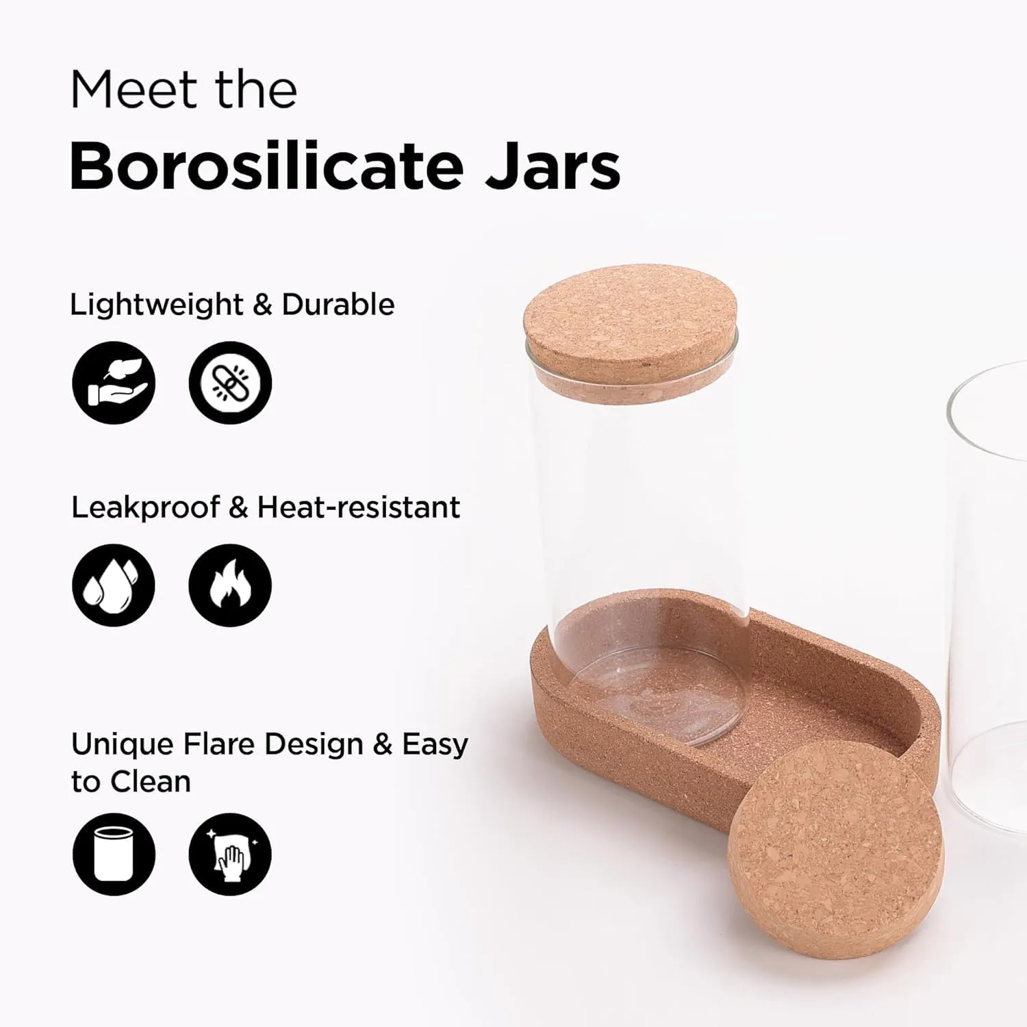 Homestic Borosilicate Jars with Cork Lids & Cork Tray for Kitchen| 700ml | Airtight Glass Containers with lid | Kitchen Organization Items & Storage | Multipurpose | Transparent | Pack of 2