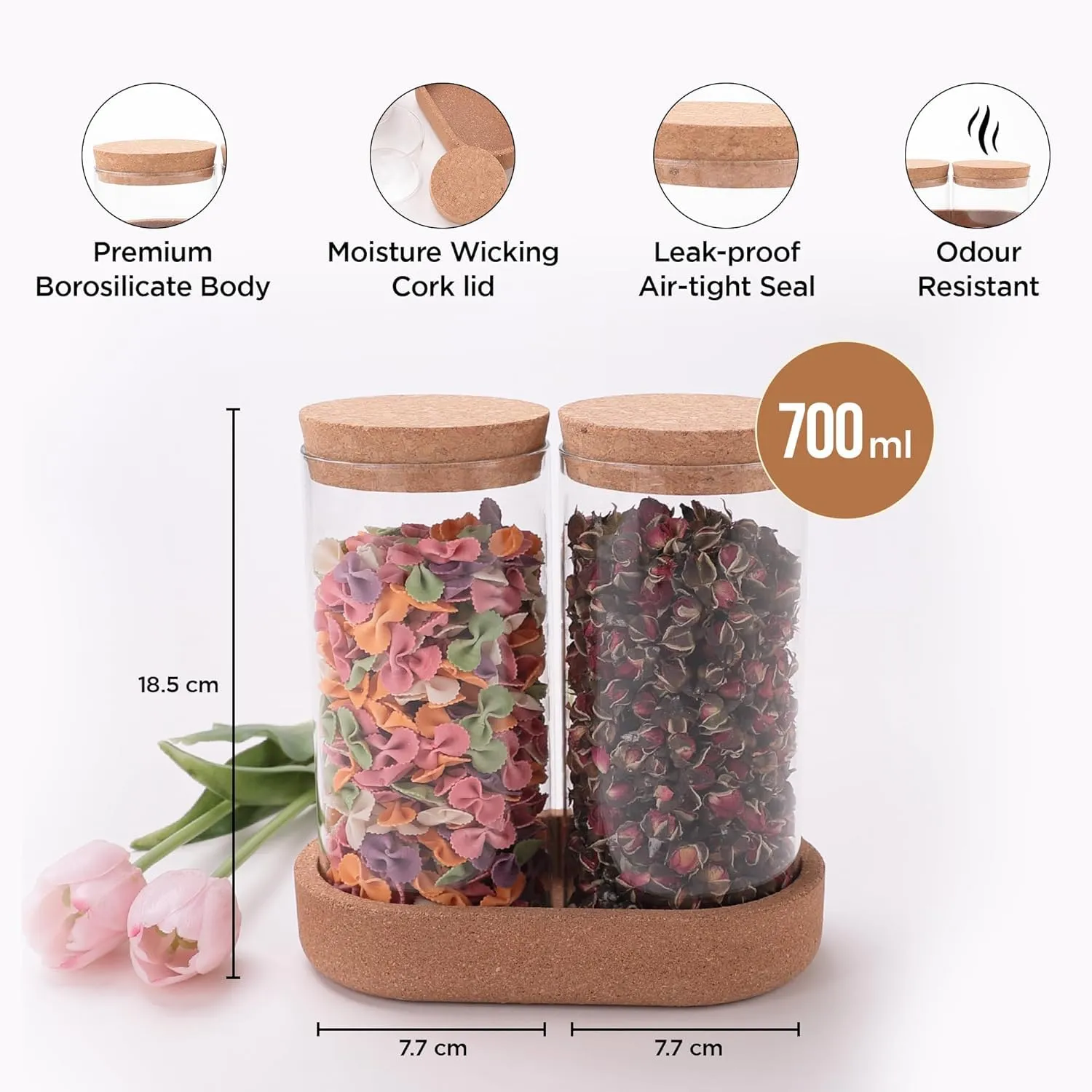 Homestic Borosilicate Jars with Cork Lids & Cork Tray for Kitchen| 700ml | Airtight Glass Containers with lid | Kitchen Organization Items & Storage | Multipurpose | Transparent | Pack of 2