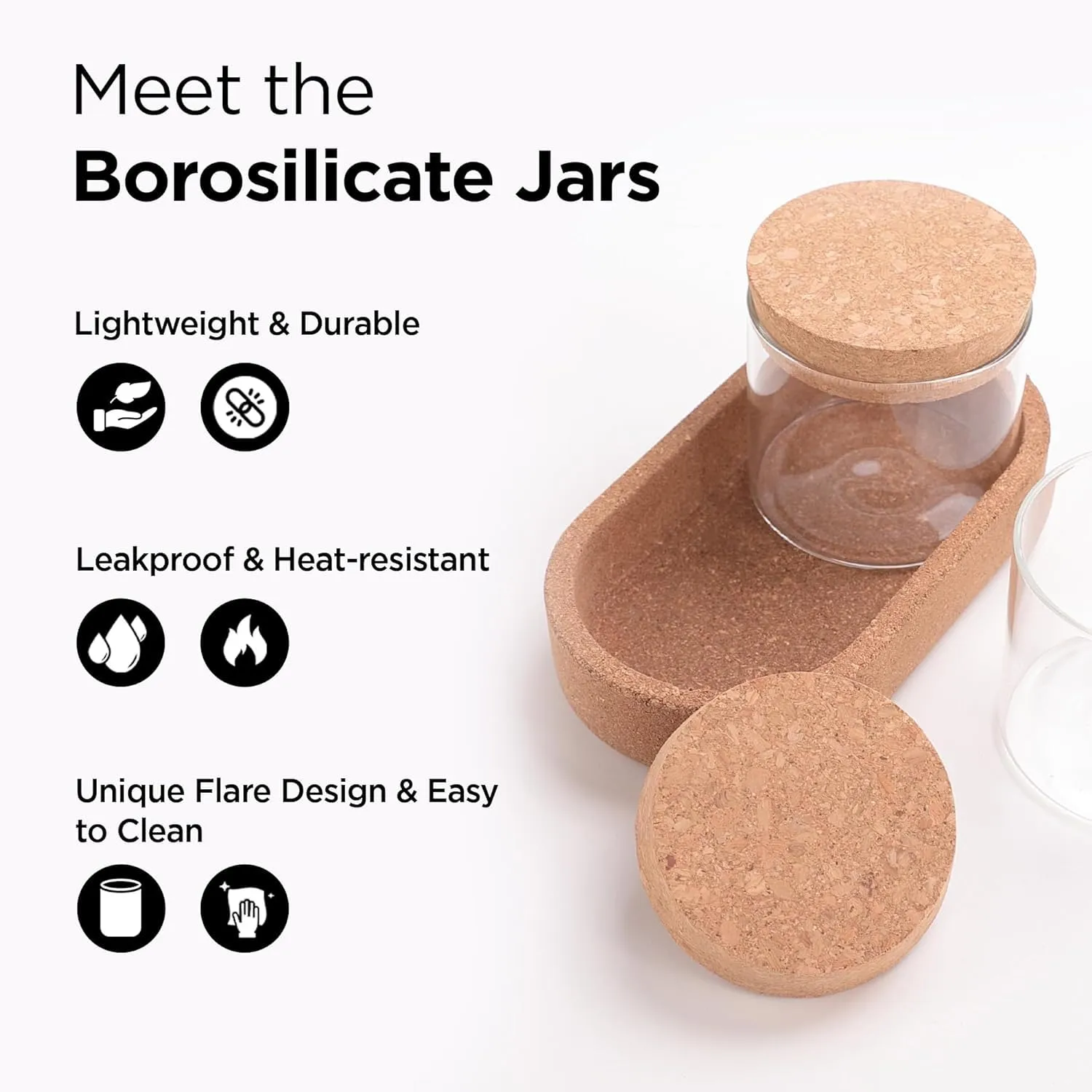 Homestic Borosilicate Jars With Cork Lids And A Cork Tray For Kitchen | Pack of 2 | 270ml | Airtight Glass Containers With Lid | Kitchen Containers Set | Multipurpose | Transparent