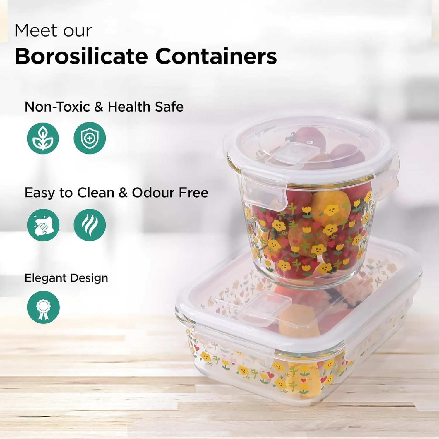 Homestic Pack of 2 Borosilicate Glass Kitchen Containers Set with Airvent Pp Lid | Airtight Round Fridge Storage Boxes for Grains, Pulses, Spices, Snacks | 610 ml 960 ml | Transparent