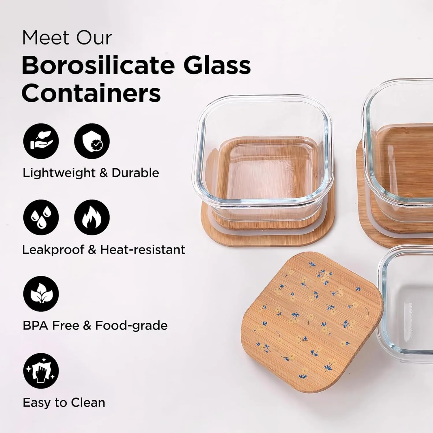 Homestic Pack of 3 Borosilicate Glass Kitchen Containers with Bamboo Lid | 310ml 510ml 800ml | Airtight Square Fridge Storage Boxes | Glass Jars for Cereal, Dry Fruits | Happy Dance Print