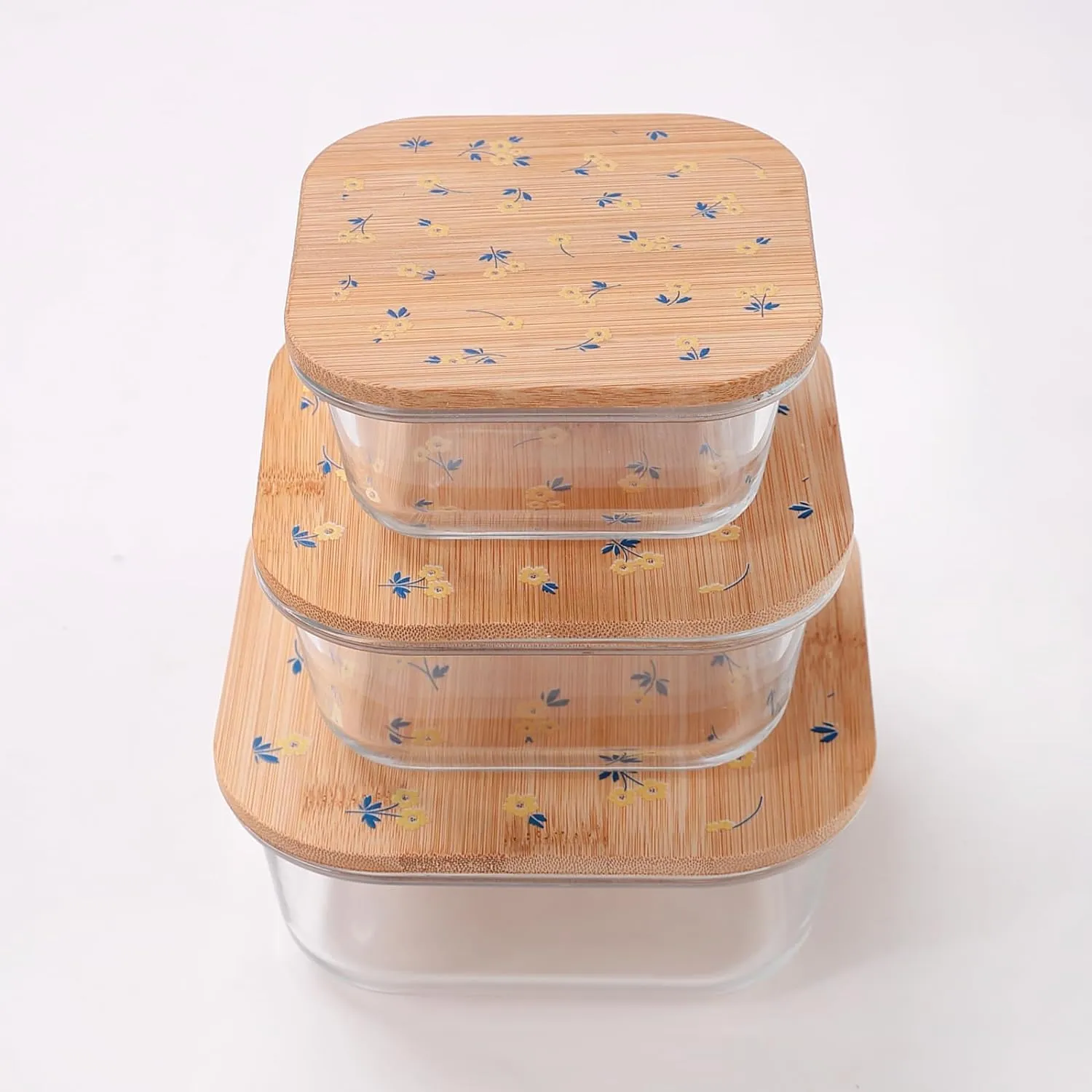 Homestic Pack of 3 Borosilicate Glass Kitchen Containers with Bamboo Lid | 310ml 510ml 800ml | Airtight Square Fridge Storage Boxes | Glass Jars for Cereal, Dry Fruits | Happy Dance Print