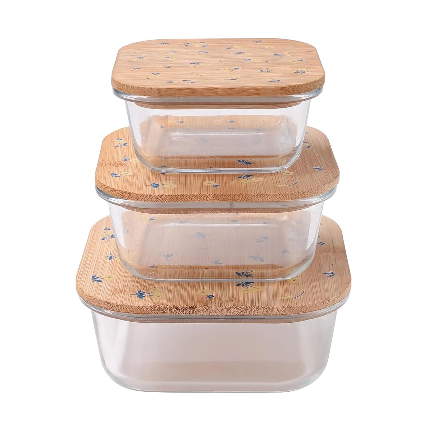 Homestic Pack of 3 Borosilicate Glass Kitchen Containers with Bamboo Lid | 310ml 510ml 800ml | Airtight Square Fridge Storage Boxes | Glass Jars for Cereal, Dry Fruits | Happy Dance Print