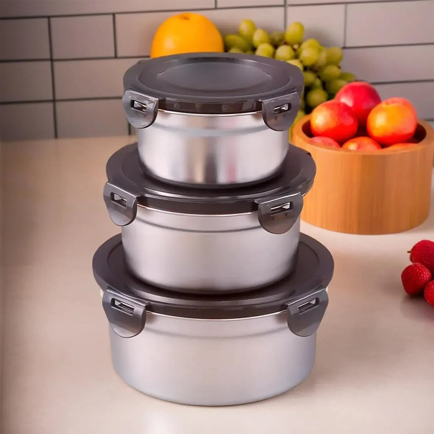 Homestic Stainless Steel Kitchen Containers With Lid Set of 3-350ml, 550ml & 850ml | Multipurpose Air Tight Food Storage Containers, Kitchen Organizer And Lunch Boxes For Office/School/College